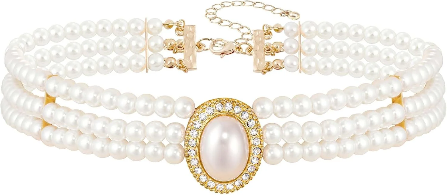 گردنبند ظریف چند لایه نگین دار، گردنبند چند رشته ای مروارید مصنوعی بدلی، هدیه جواهرات برای عروسی، تولد، جشن فارغ التحصیلی، مهمانی، سالگرد، آرایش، تعطیلات ساحلی تابستانی زنانه