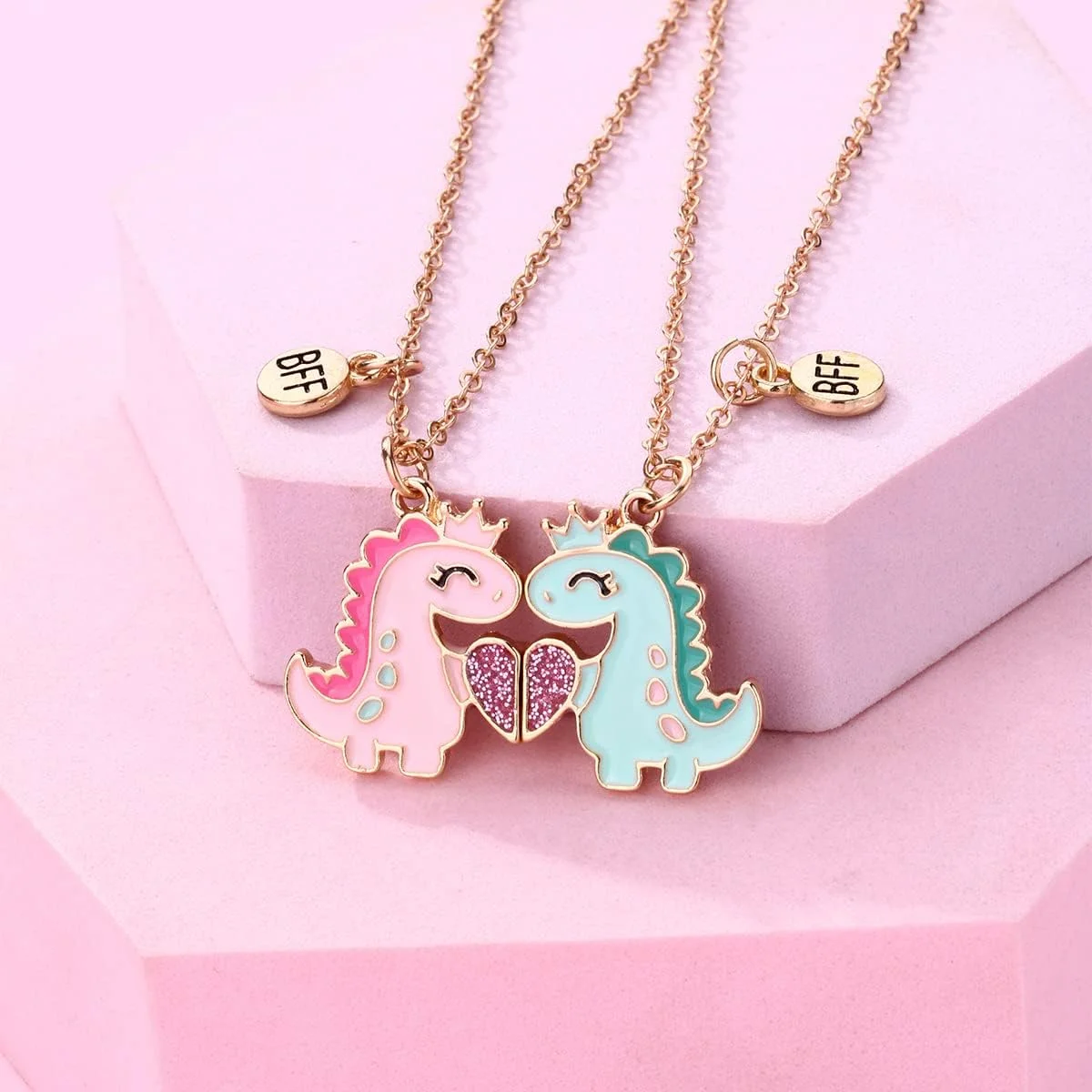 گردنبند کوچک دایناسور با آویز قلب آلیاژی، گردنبند دوستی بهترین دوست، گردنبند مغناطیسی ست برای 2 دختر، هدیه دوستی