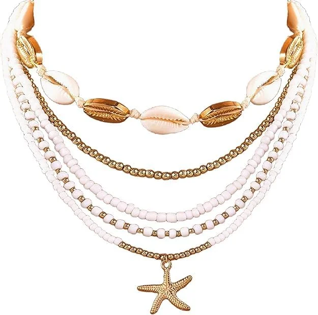 ست ۵ تایی گردنبند زنانه لایه ای ساحلی بوهمی، مهره های رسی، صدف پوکا و آویز ستاره دریایی، جواهرات ساحلی مناسب برای استایل سفر، مهمانی های ساحلی و تعطیلات
