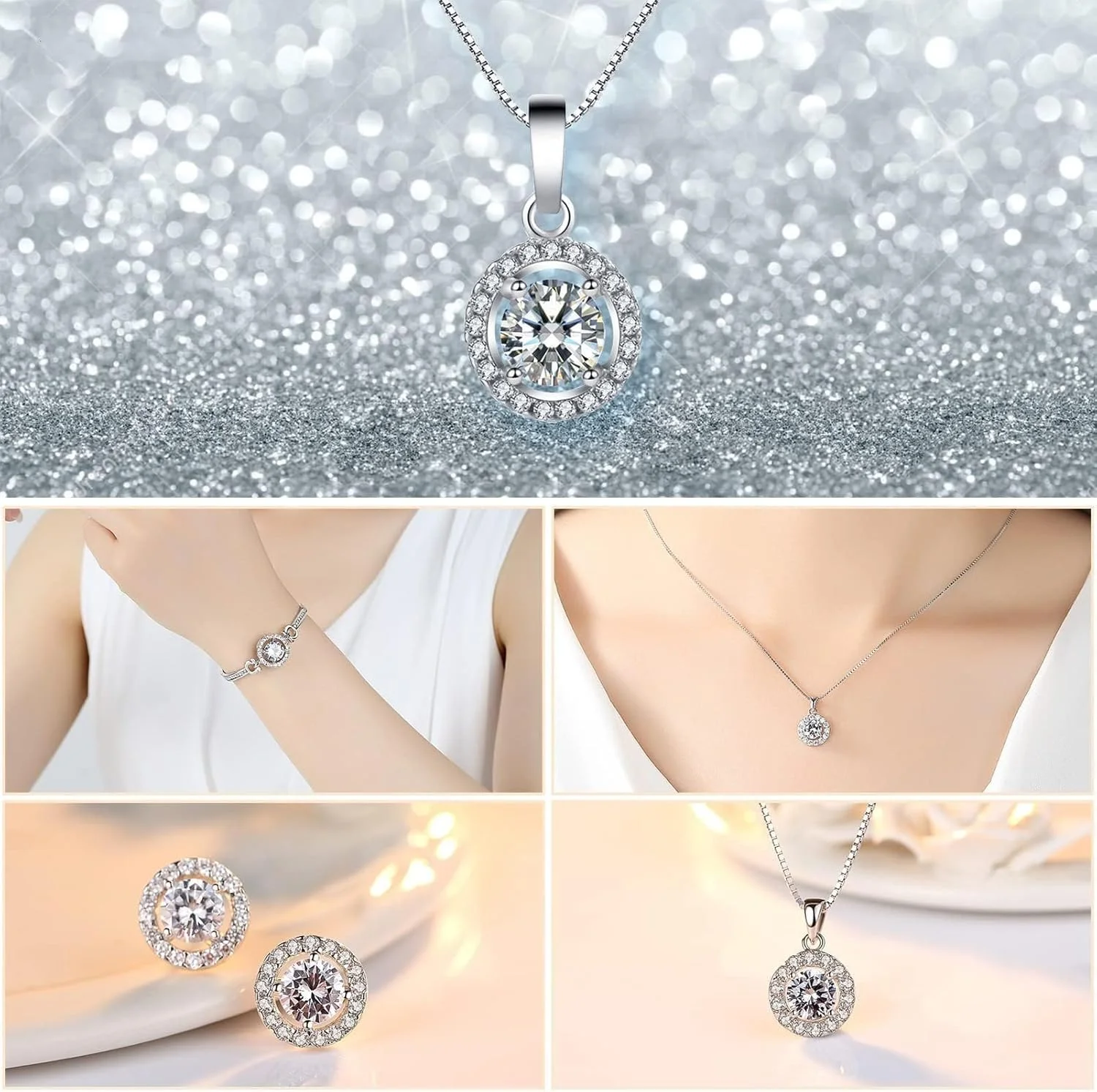 ست جواهرات زنانه خزنه، ۴ تکه، زیرکونیا، شامل گردنبند، گوشواره، دستبند و انگشتر