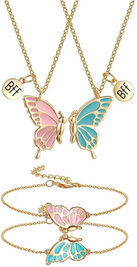 گردنبند پروانه ای طرح بهترین دوست، ست دستبند و گردنبند پروانه ای میناکاری شده زیبا برای زنان، مردان و زوج ها