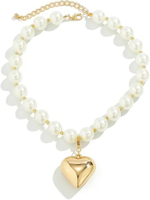 گردنبند چوکر آویز قلب با مهره های طلایی درشت، هدیه ای برای زیورآلات زنانه