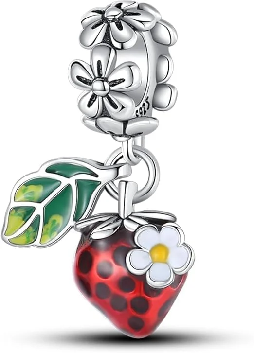 آویز نقره استرلینگ 925 – برای دستبند و گردنبند، طرح توت فرنگی، مهره های خوش شانسی، ظریف و متنوع، مناسب برای خانم ها، لوازم جانبی جواهرات شیک