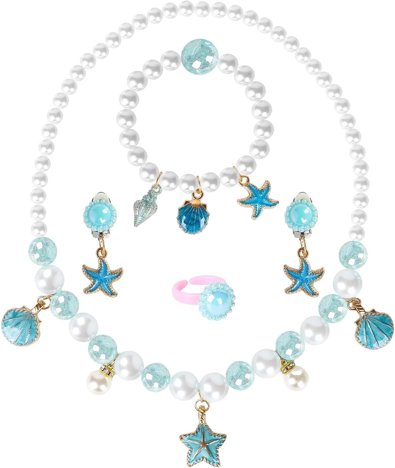 ست جواهرات دخترانه بچگانه، ست 5 تکه اسباب بازی جواهرات دخترانه گردنبند کارتونی کودکان ست جواهرات پری دریایی هدیه جواهرات مهره ای پرنسس برای دختران کوچک