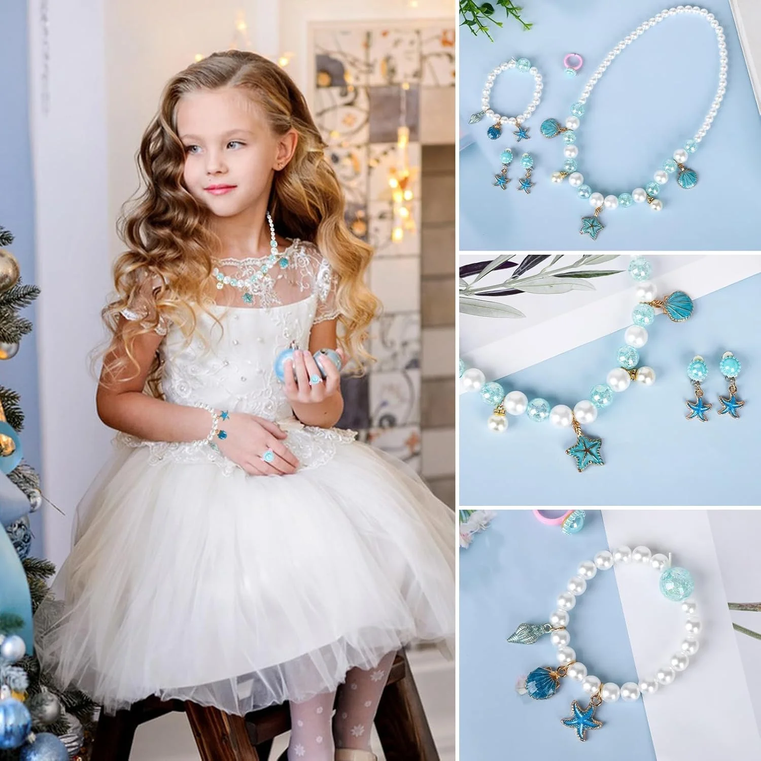 ست جواهرات دخترانه بچگانه، ست 5 تکه اسباب بازی جواهرات دخترانه گردنبند کارتونی کودکان ست جواهرات پری دریایی هدیه جواهرات مهره ای پرنسس برای دختران کوچک