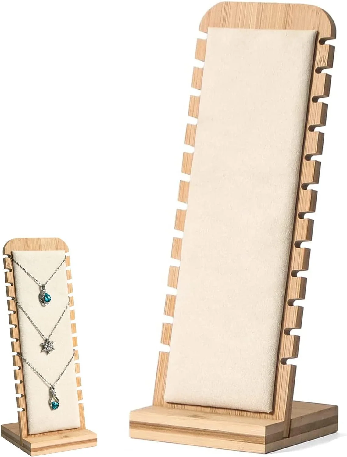 استند نمایش جواهرات گردنبند خزنه، دارای 12 شیار، سبک وزن، نگهدارنده گردنبند چوبی با تشک نرم چرمی، سازمان دهنده جواهرات زنجیره ای بلند، تخته نمایش دستبند برای گردنبند آویز