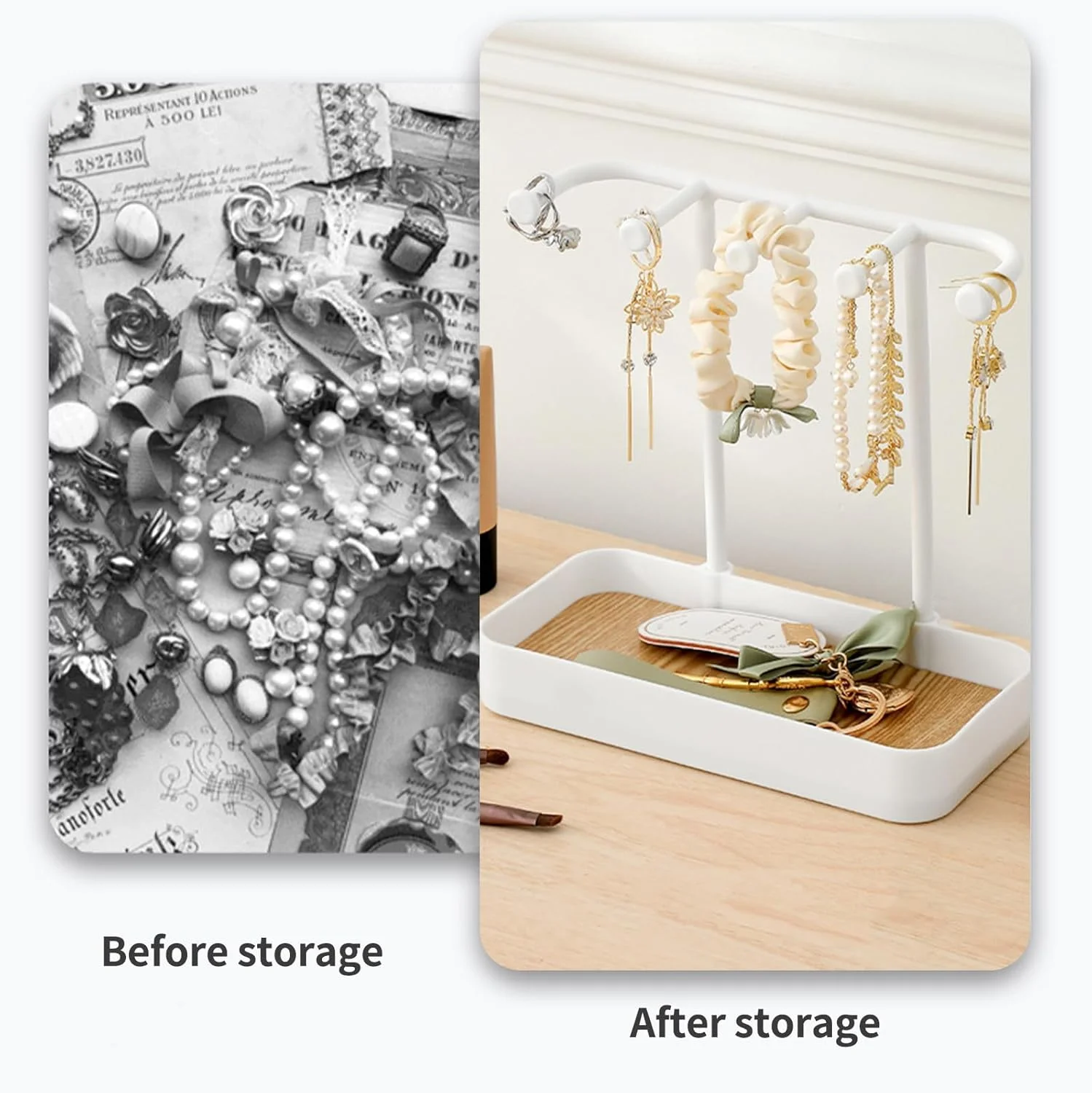 استند نگهدارنده جواهرات، آویز گردنبند با سینی چوبی، استند نمایش جواهرات، قلاب های نگهداری جواهرات برای گردنبند، دستبند، گوشواره، انگشتر، کلید، ساعت (سفید) استند نگهدارنده جواهرات، آویز گردنبند با سینی چوبی، استند نمایش جواهرات، قلاب های نگهداری جواهرات برای گردنبند، دستبند، گوشواره، انگشتر، کلید، ساعت (سفید)