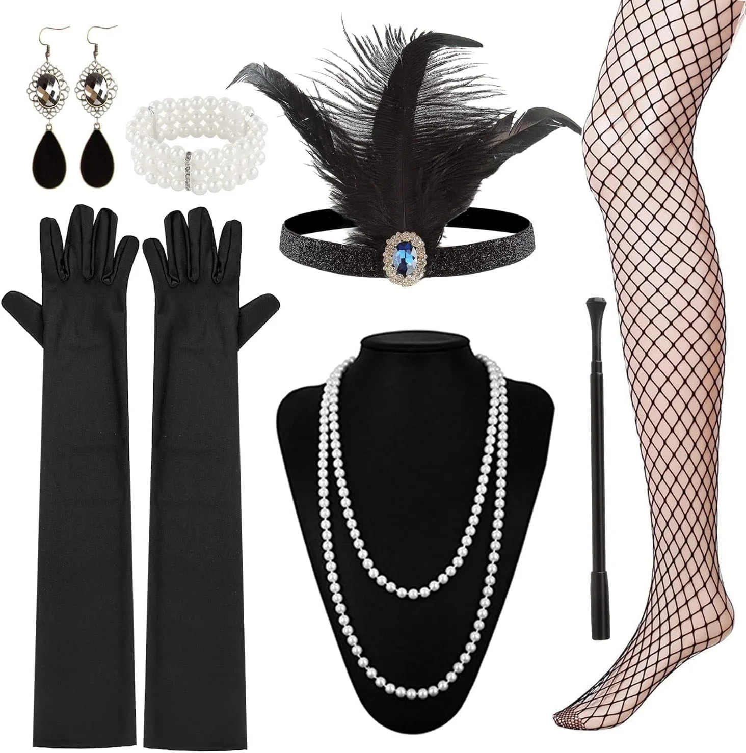 ست تل سر پردار، گردنبند، دستکش و جوراب توری به سبک دهه 1920، مناسب مهمانی و جشن، 12 تکه، مشکی، DY0444-LH
