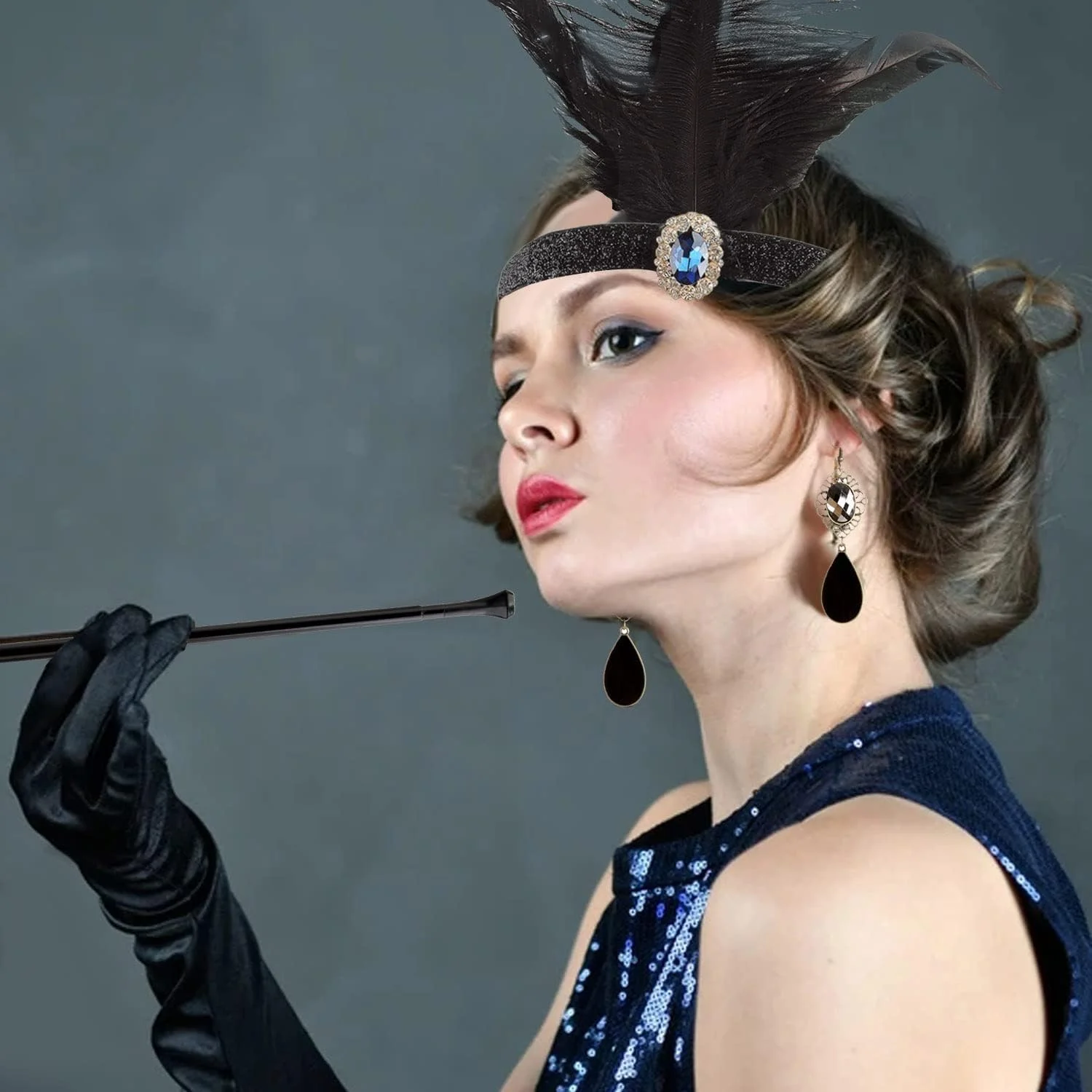 ست تل سر پردار، گردنبند، دستکش و جوراب توری به سبک دهه 1920، مناسب مهمانی و جشن، 12 تکه، مشکی، DY0444-LH ست تل سر پردار، گردنبند، دستکش و جوراب توری به سبک دهه 1920، مناسب مهمانی و جشن، 12 تکه، مشکی، DY0444-LH