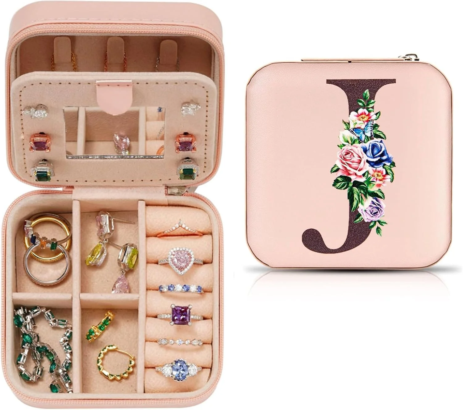 جعبه جواهرات مسافرتی خزنه، جعبه جواهرات با حرف اول اسم J، جعبه جواهرات کوچک با آینه، لوازم جانبی، حلقه، گردنبند، گوشواره، نگهدارنده جواهرات، سازمان دهنده، هدیه تولد، فارغ التحصیلی، هدیه شخصی برای دختر نوجوان