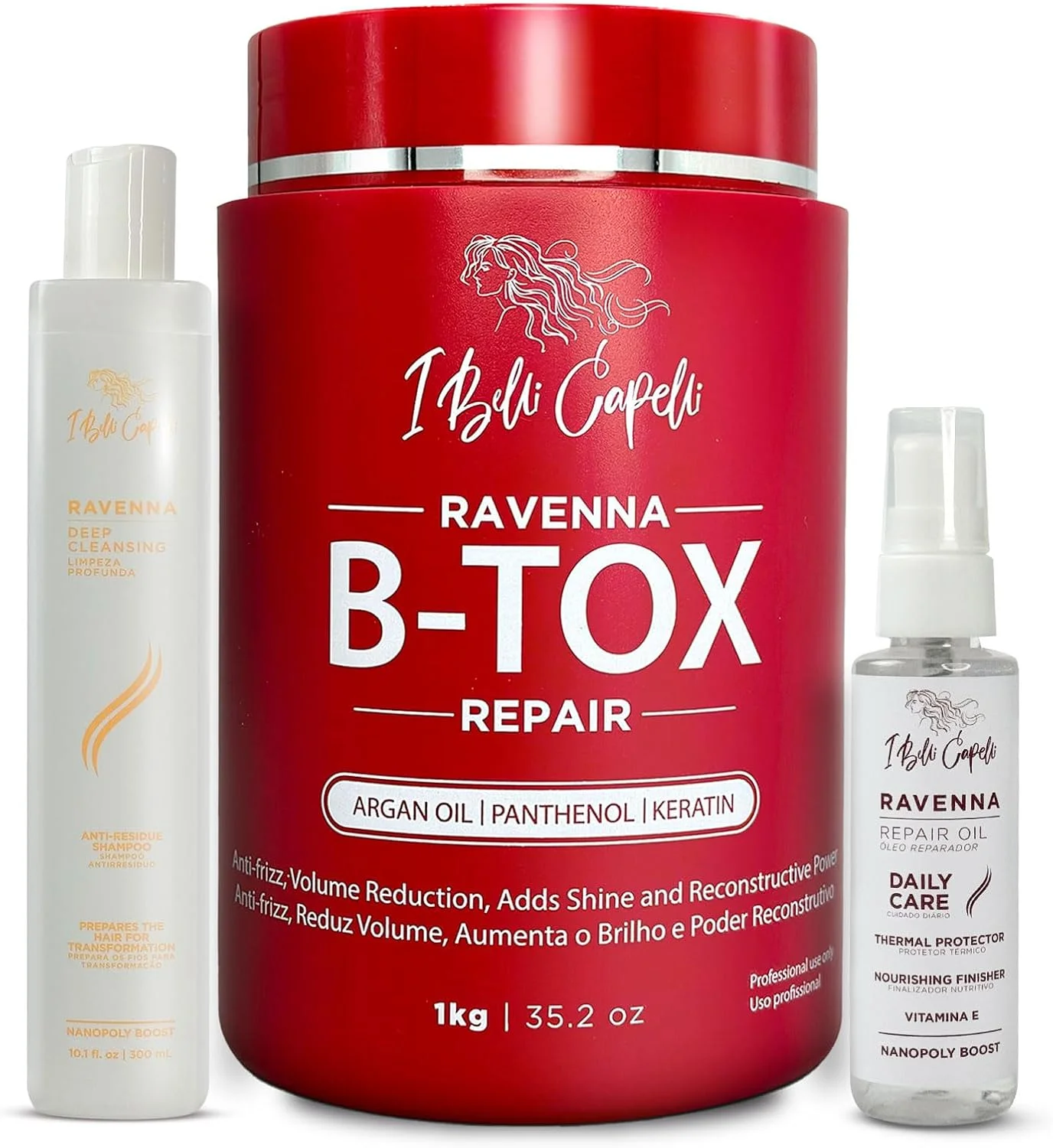 مجموعه صاف کننده موی B-tox راونا از I Belli Capelli شامل شامپو پاک کننده عمیق و روغن ترمیم کننده - سیستم کامل صاف کننده برای انواع مو مجموعه صاف کننده موی B-tox راونا از I Belli Capelli شامل شامپو پاک کننده عمیق و روغن ترمیم کننده - سیستم کامل صاف کننده برای انواع مو