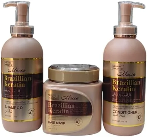 مجموعه مراقبت مو کراتین برزیلی ماسیا، شامپو 800 میلی لیتر بدون سولفات، نرم کننده 800 میلی لیتر، ماسک مو 1000 میلی لیتر، درمان حرفه ای