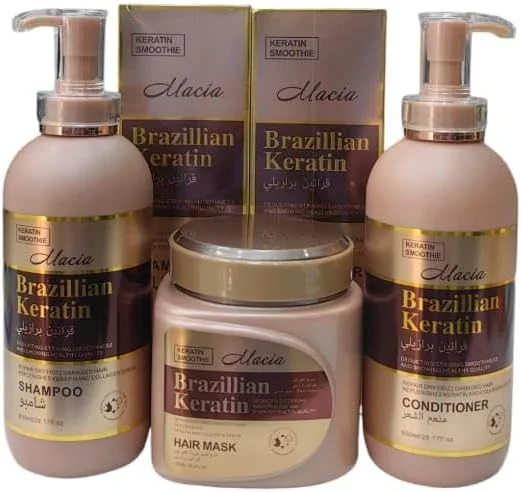 مجموعه مراقبت مو کراتین برزیلی ماسیا، شامپو 800 میلی لیتر بدون سولفات، نرم کننده 800 میلی لیتر، ماسک مو 1000 میلی لیتر، درمان حرفه ای