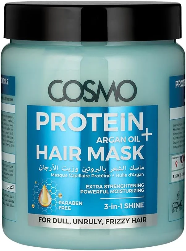 سی دی COSMO DESIGNS ماسک مو پروتئین + روغن آرگان 3 در 1 فاقد پارابن 1000 میلی لیتر، برای موهای کدر، وز و مجعد، تقویت کننده اضافی، مرطوب کننده قوی، آبی