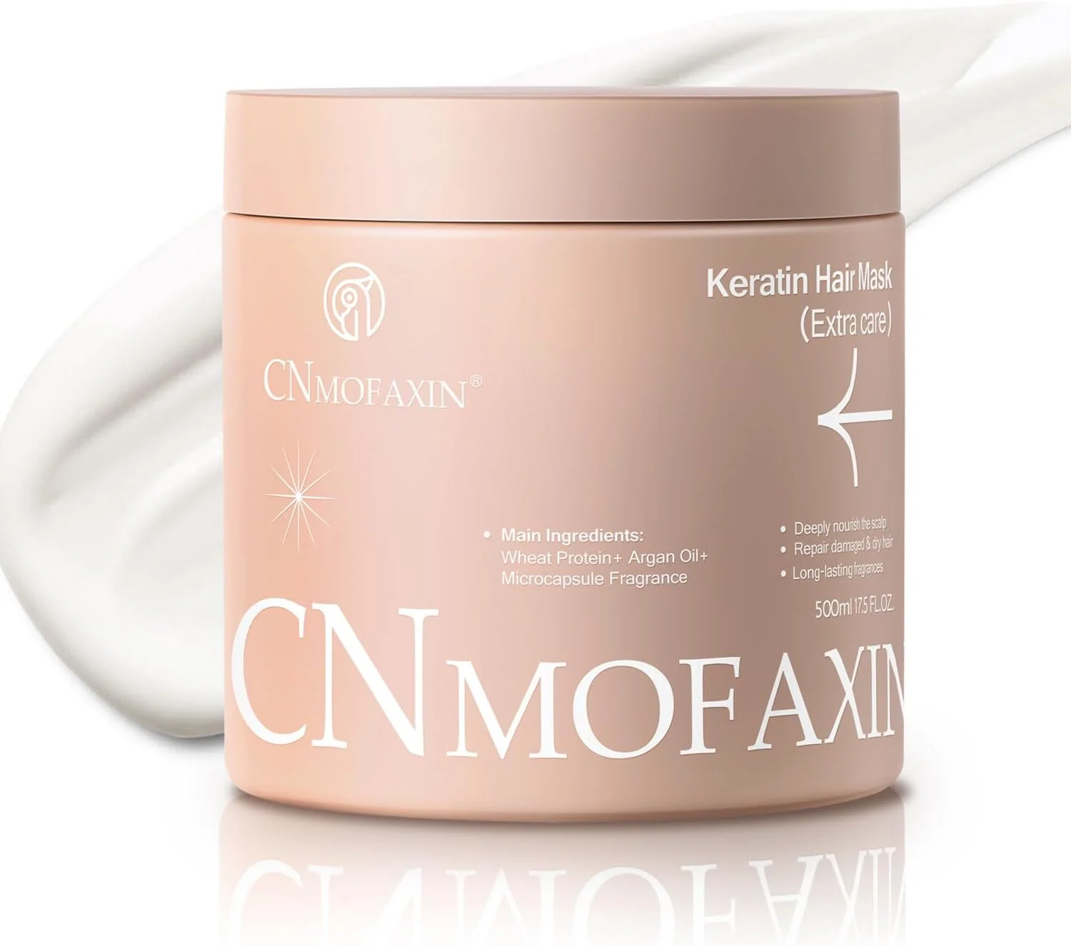 ماسک مو کراتین و نرم کننده عمیق CNMOFAXIN (۵۰۰ میلی لیتر)، آبرسان و ترمیم کننده عمیق با پروتئین گندم و روغن آرگان برای موهای خشک، آسیب دیده یا رنگ شده، درمان ضد وز مو