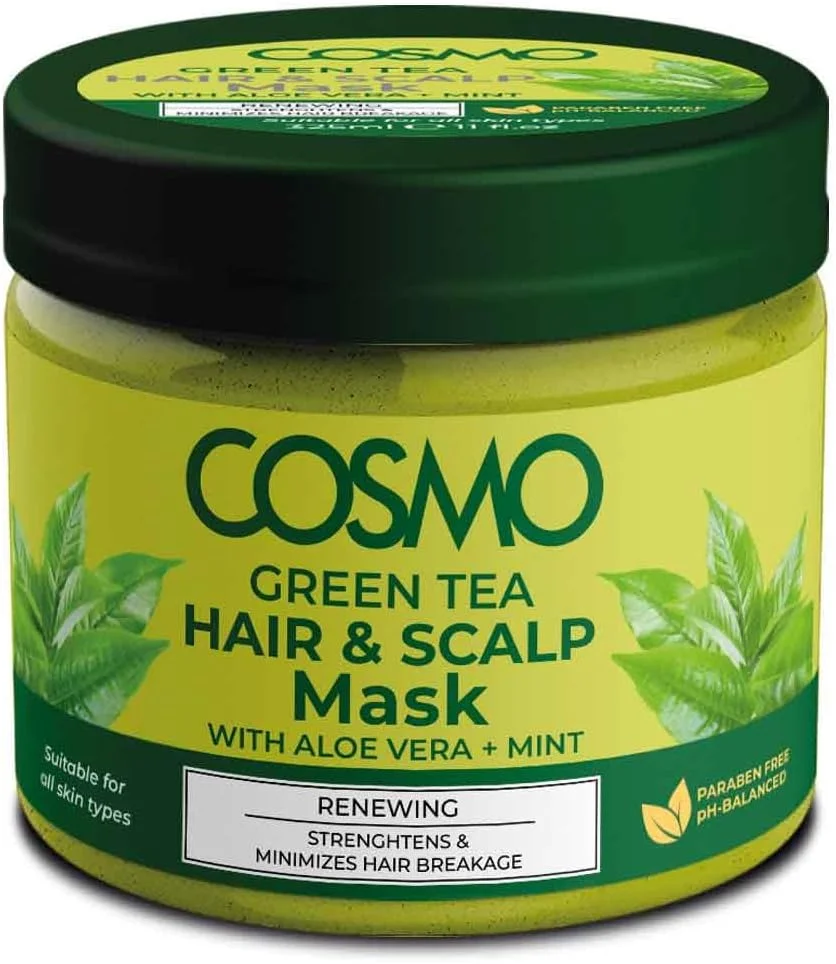 ماسک مو و پوست سر چای سبز سی دی COSMO DESIGNS، ۳۲۵ میلی لیتر، حاوی آلوئه ورا + نعناع، تجدید کننده، تقویت کننده و کاهش دهنده شکستگی مو