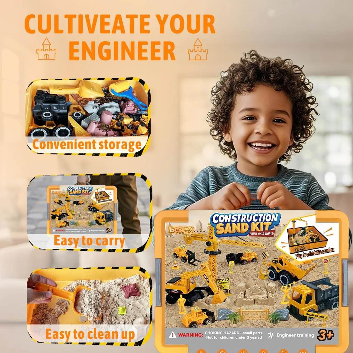 مجموعه ساخت قلعه شنی بیرگ، هنر شن جادویی با وسایل نقلیه ساختمانی جعبه شنی تاشو، اسباب بازی های حسی برای پسران و کودکان 3-8 ساله