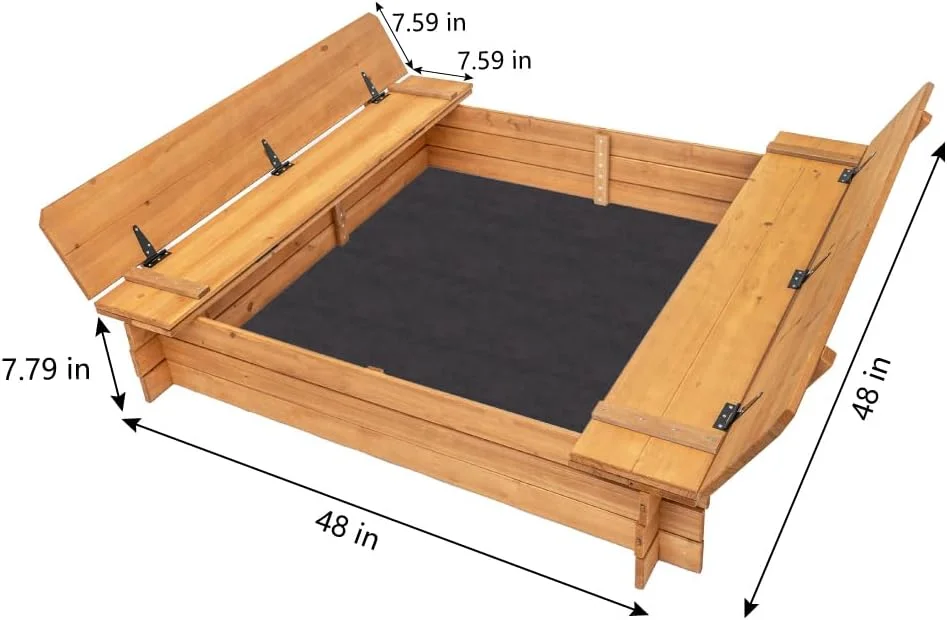 محفظه شن چوبی BIRASIL با 2 صندلی نیمکتی، محفظه شن با درپوش برای کودکان، گودال شن با پوشش برای پاسیو حیاط خلوت در فضای باز، 48 اینچ