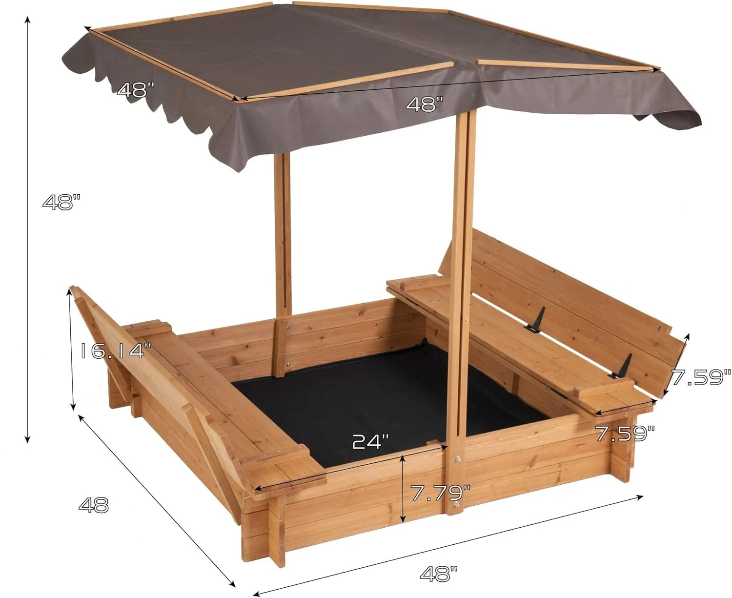 محفظه شن چوبی BIRASIL با روکش، جعبه شن با 2 صندلی نیمکتی برای کودکان 3 تا 8 ساله، جعبه شن برای باغ حیاط خلوت، پاسیو ساحلی فضای باز (چوب طبیعی، 48 اینچ)