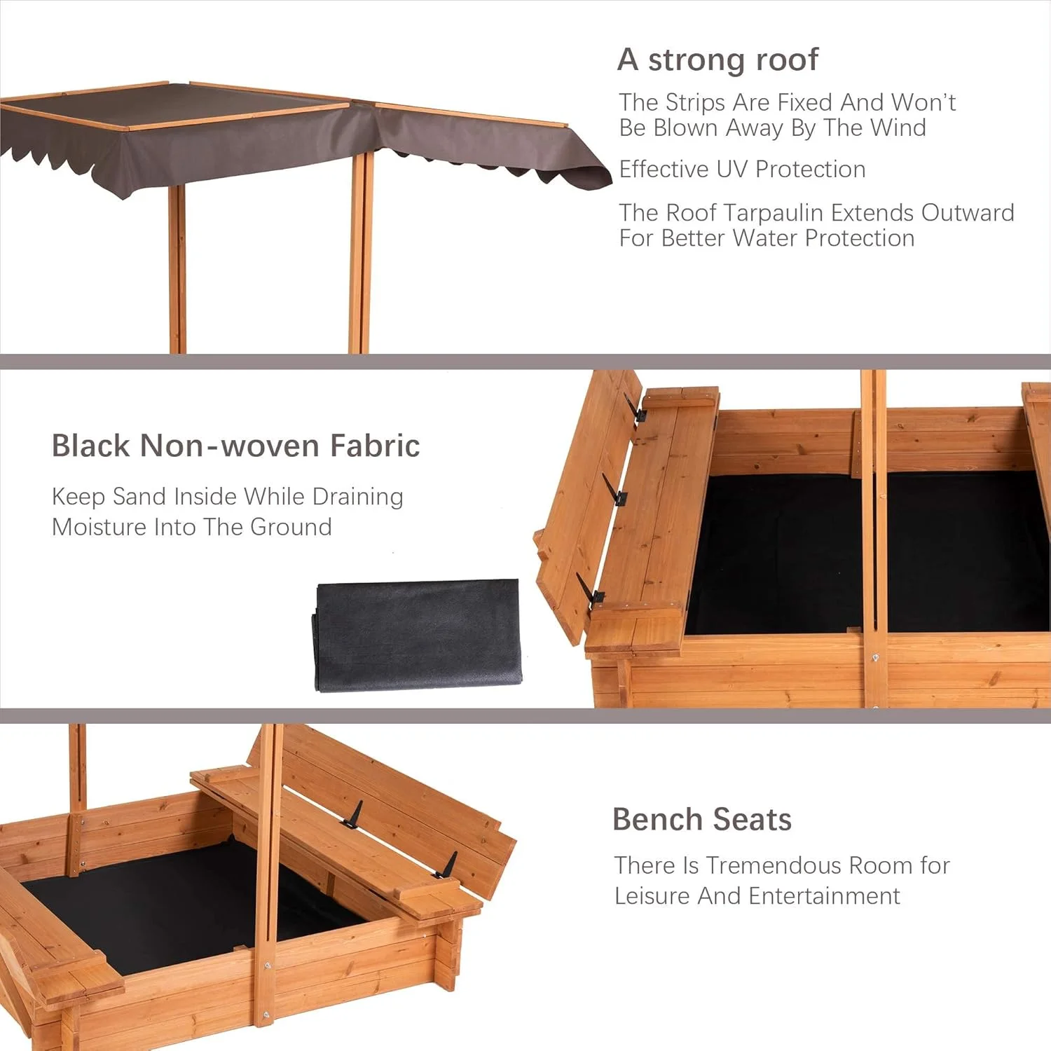 محفظه شن چوبی BIRASIL با روکش، جعبه شن با 2 صندلی نیمکتی برای کودکان 3 تا 8 ساله، جعبه شن برای باغ حیاط خلوت، پاسیو ساحلی فضای باز (چوب طبیعی، 48 اینچ)
