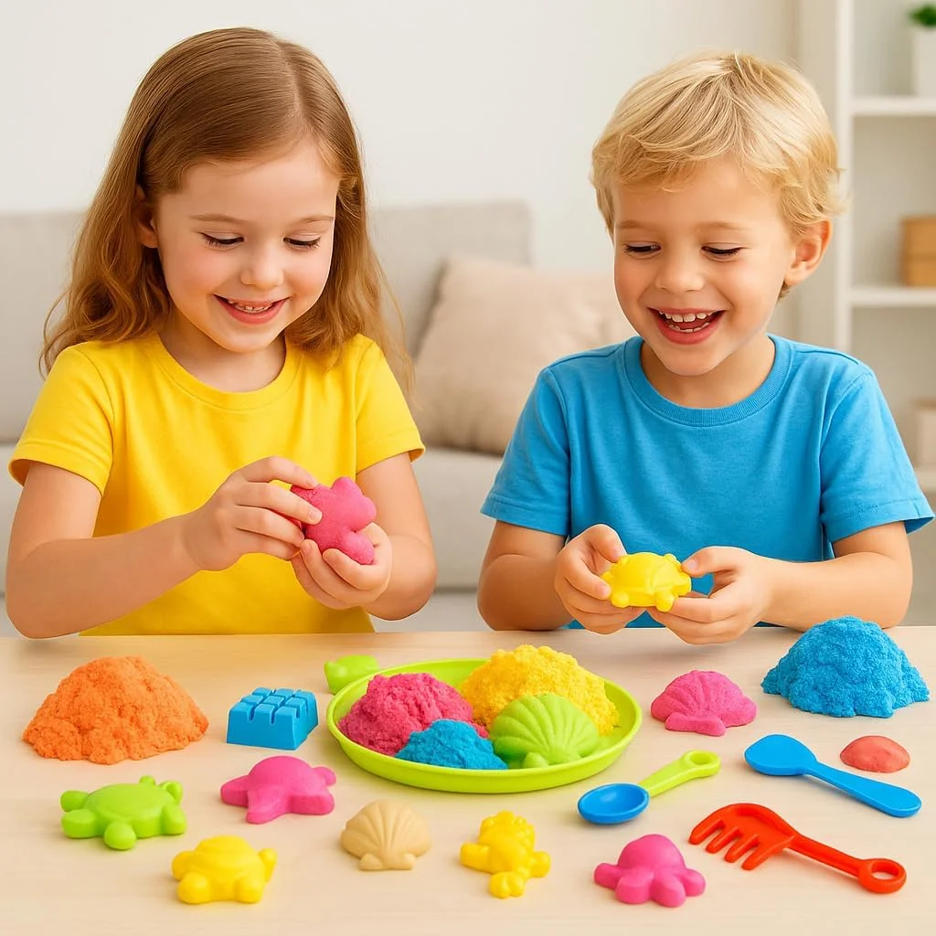 ست شن بازی حرکتی Bemdiz، 900 گرم شن. صورتی، زرد و آبی، 10 قالب و ابزار، اسباب بازی های حسی برای کودکان 7 سال به بالا