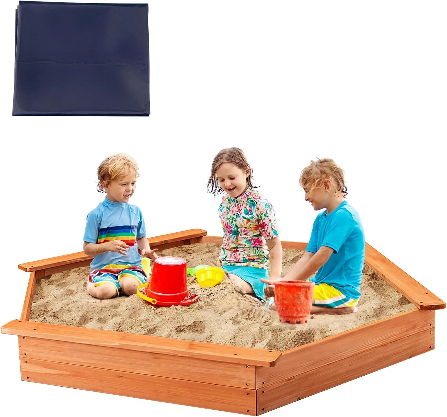 جعبه شنی Costzon، جعبه بازی شش ضلعی چوبی با ابعاد 185x162 سانتی متر، دارای تخته های نشیمن، روکش آکسفورد و آستر زیرین برای بازی 4 تا 6 کودک در فضای باز، حیاط خلوت، چمن، ساحل، جعبه شنی کودکانه با روکش