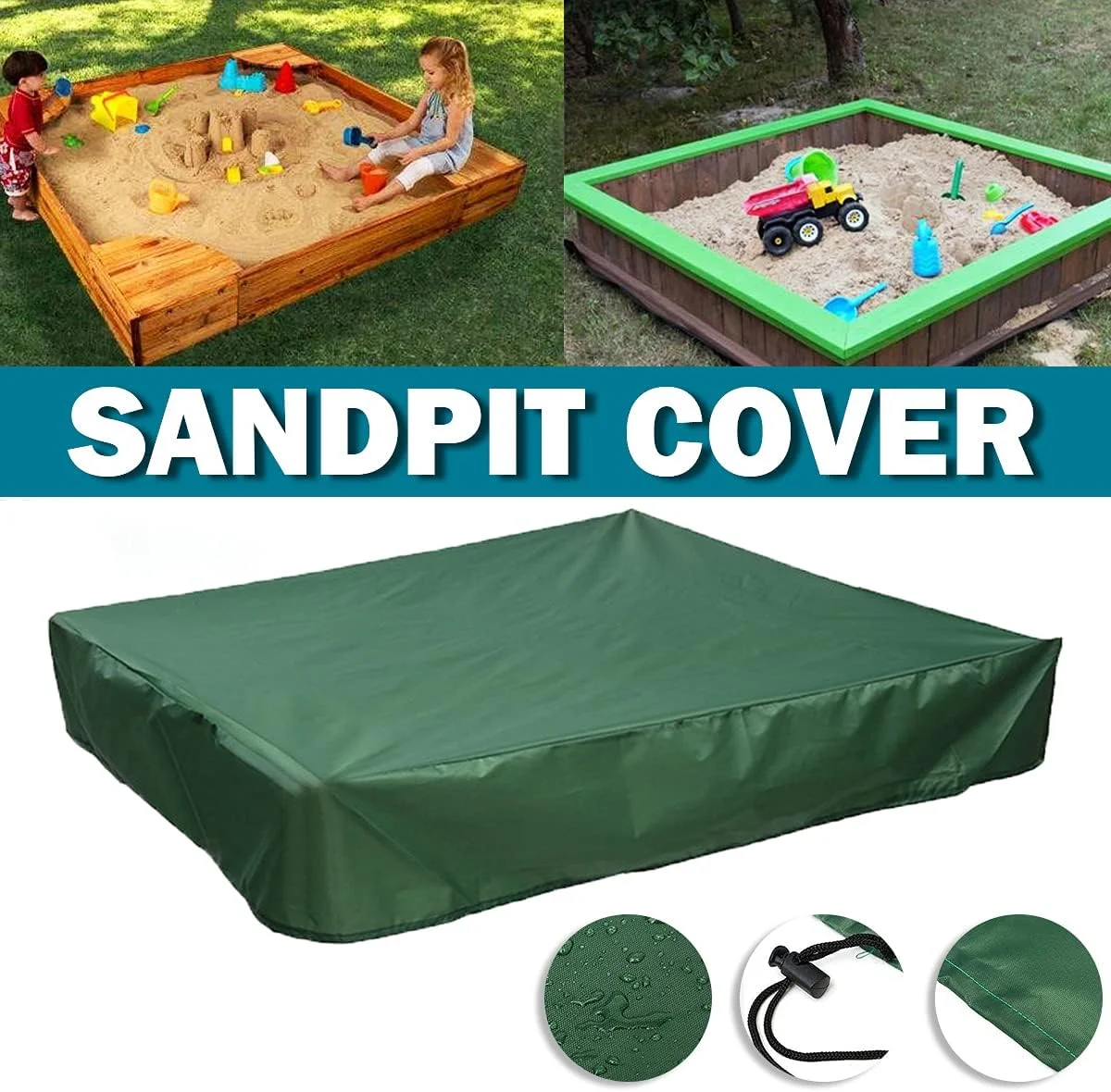 روکش ضدآب جعبه شن و ماسه کوزو با بند کشی، محافظ مربع شکل الاستیک در برابر گرد و غبار برای اسباب بازی های استخر شن، مناسب فضای داخلی، خارجی و باغ - سبز