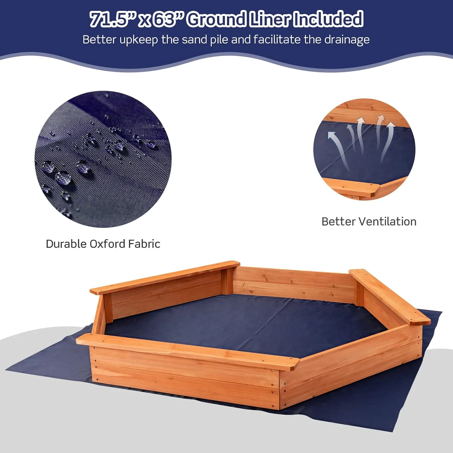 جعبه شنی Costzon، جعبه بازی شش ضلعی چوبی با ابعاد 185x162 سانتی متر، دارای تخته های نشیمن، روکش آکسفورد و آستر زیرین برای بازی 4 تا 6 کودک در فضای باز، حیاط خلوت، چمن، ساحل، جعبه شنی کودکانه با روکش