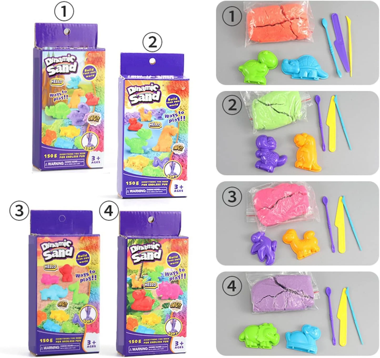 مجموعه شن بازی کودکان Cryfokt، کیت شن و ماسه بازی کودکان، تقویت هماهنگی چشم و دست، حفظ رطوبت، تحریک تخیل برای پیش دبستانی (مجموعه دایناسور پایه 150 گرم)