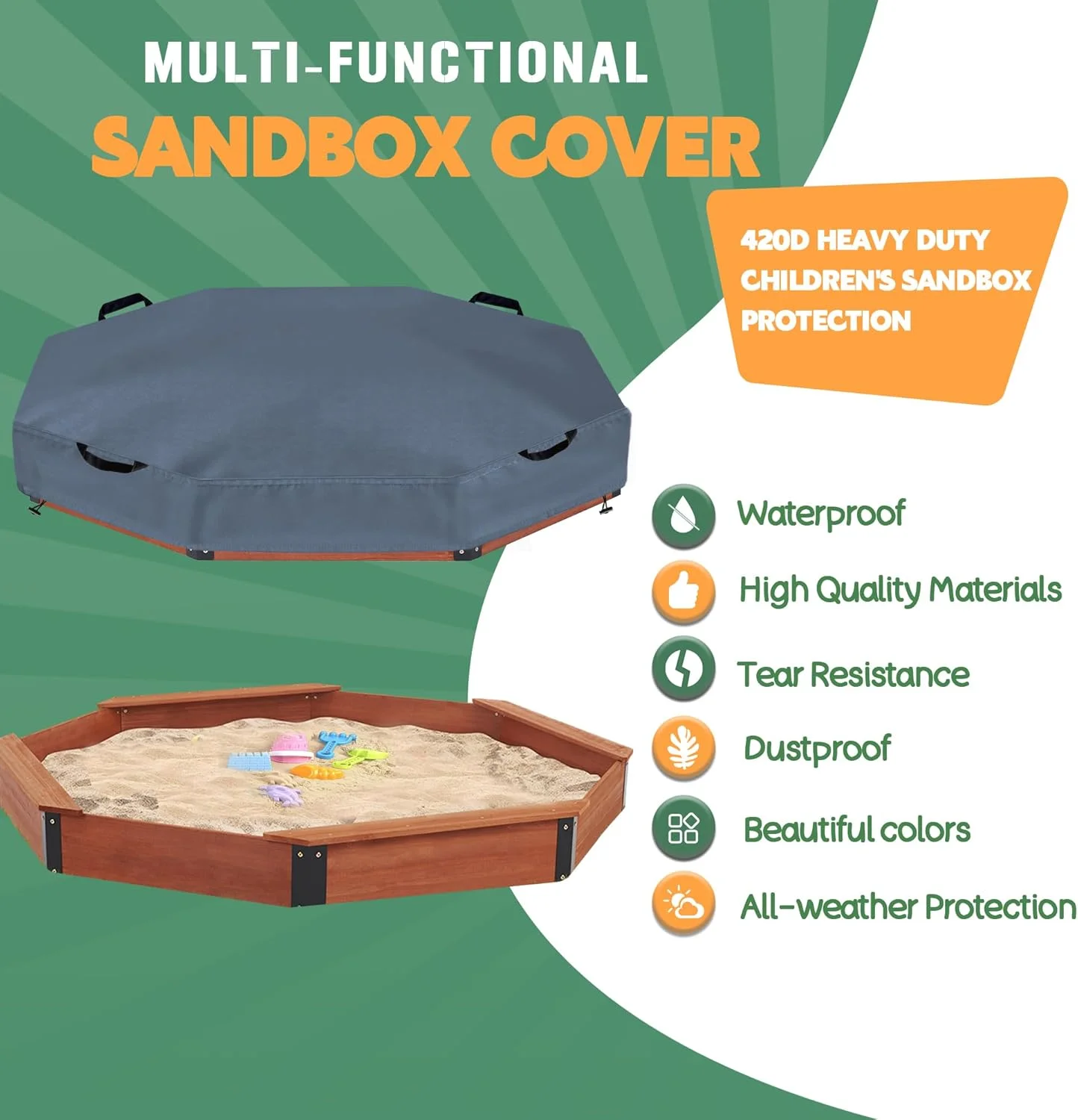 روکش جعبه شنی هشت ضلعی DUSTYPROTE، محافظ جعبه شنی کودکان، مناسب فضای باز باغ (خاکستری 213 X 198 X 23 سانتی متر)