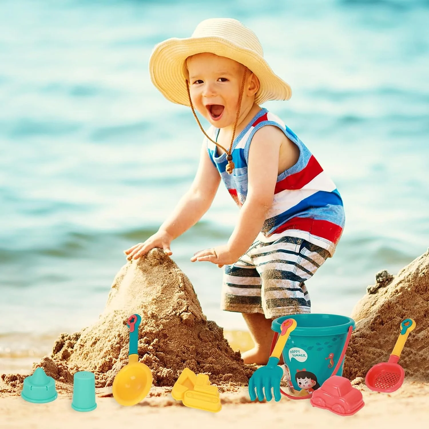مجموعه اسباب بازی ساحلی کودکان، 18 تکه اسباب بازی شن و ماسه با سطل، آبپاش، بیل، چنگک، قلعه، حفار، قالب ماشین و کیف توری قابل استفاده مجدد، ابزار شن و ماسه سرگرم کننده در فضای باز برای کودکان نوپا پسران دختران