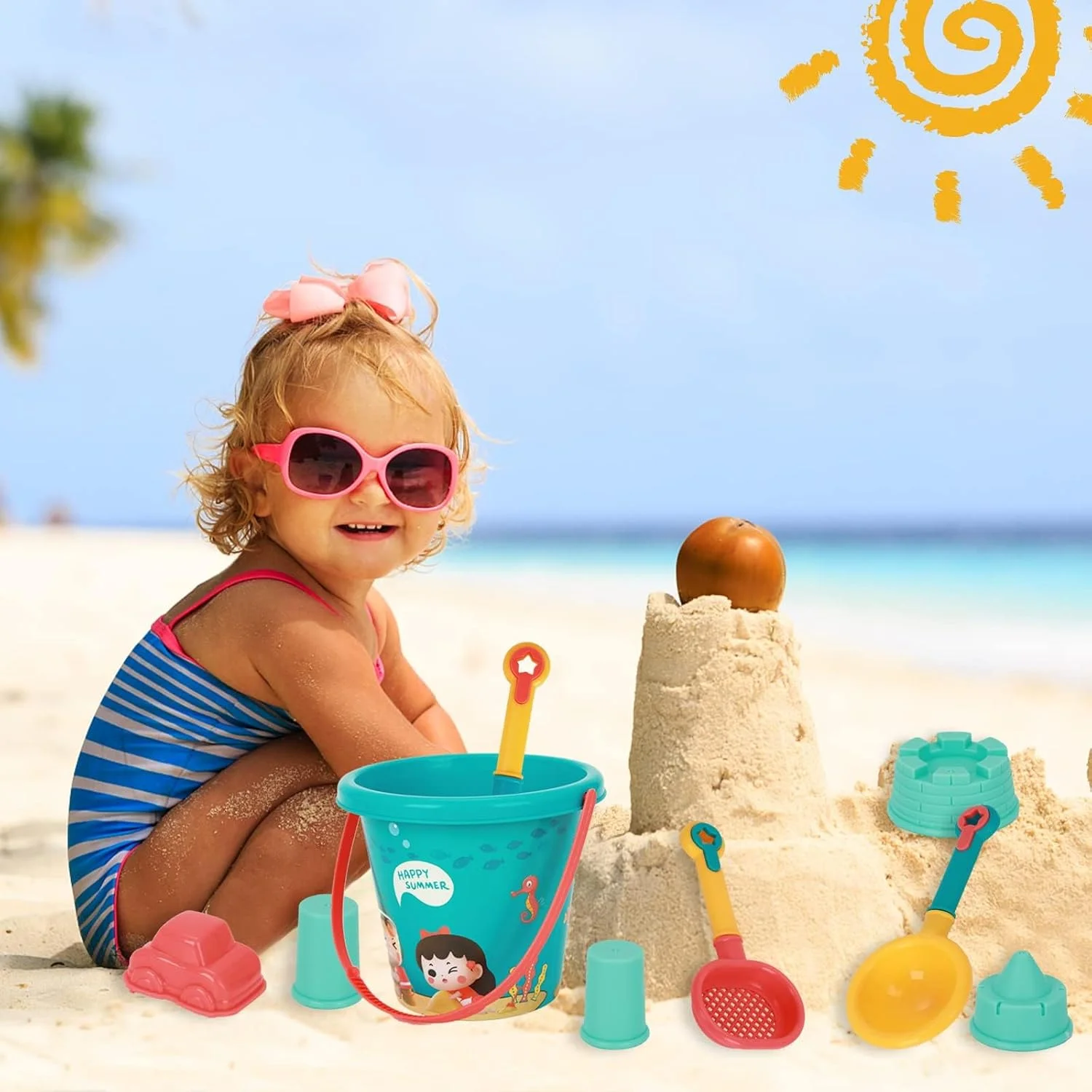 مجموعه اسباب بازی ساحلی کودکان، 18 تکه اسباب بازی شن و ماسه با سطل، آبپاش، بیل، چنگک، قلعه، حفار، قالب ماشین و کیف توری قابل استفاده مجدد، ابزار شن و ماسه سرگرم کننده در فضای باز برای کودکان نوپا پسران دختران
