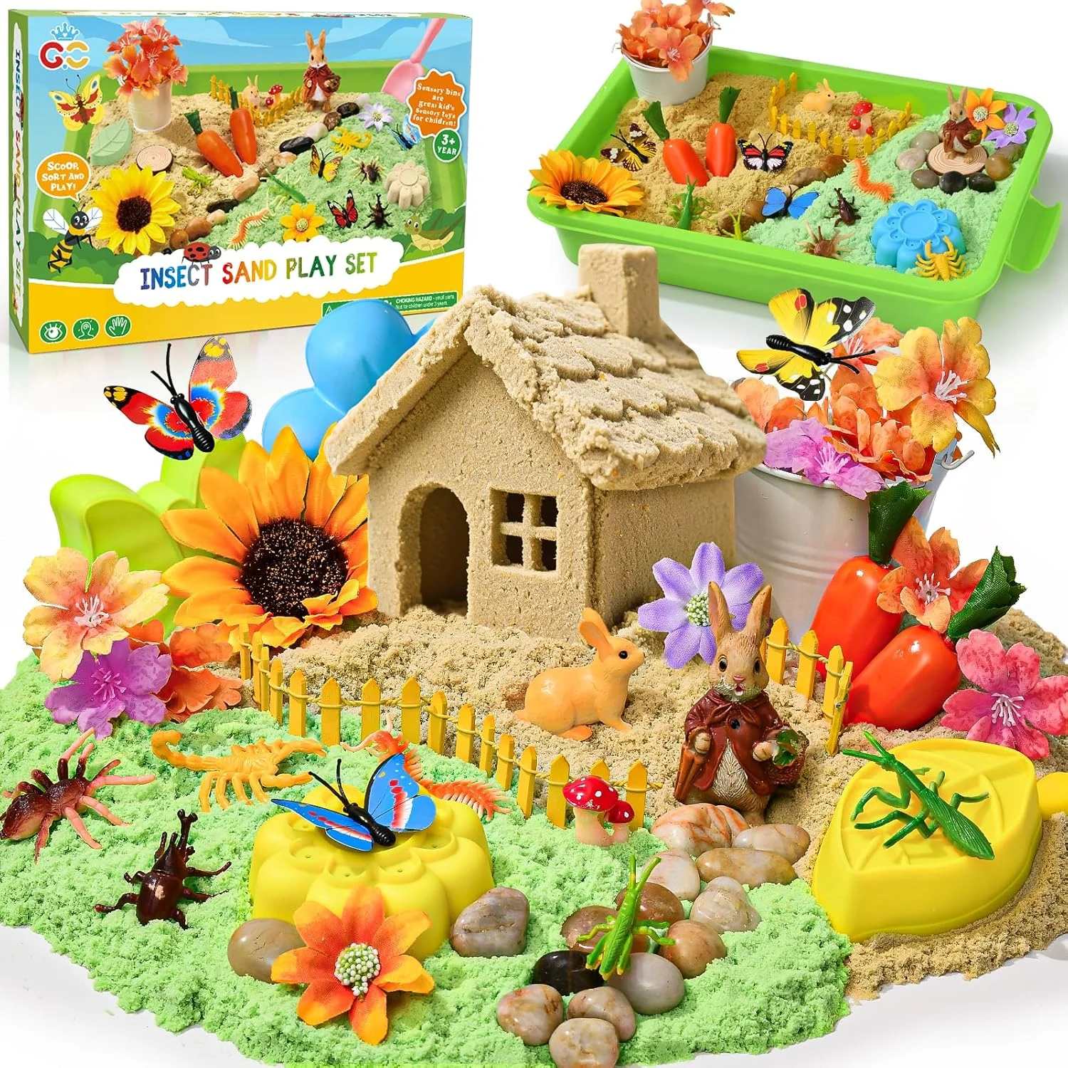 جعبه حسی باغ G.C، جعبه شن و ماسه با شن حسی، قالب ها، بیلچه ها، گل های مصنوعی و فیگورهای حیوانات
