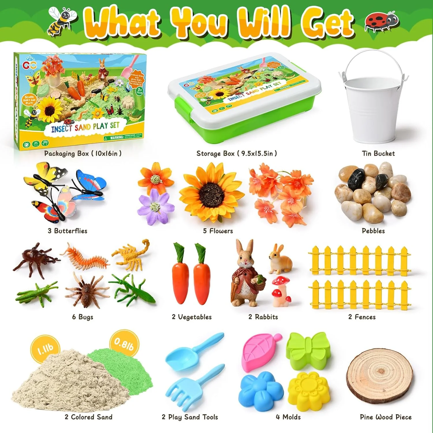 جعبه حسی باغ G.C، جعبه شن و ماسه با شن حسی، قالب ها، بیلچه ها، گل های مصنوعی و فیگورهای حیوانات جعبه حسی باغ G.C، جعبه شن و ماسه با شن حسی، قالب ها، بیلچه ها، گل های مصنوعی و فیگورهای حیوانات