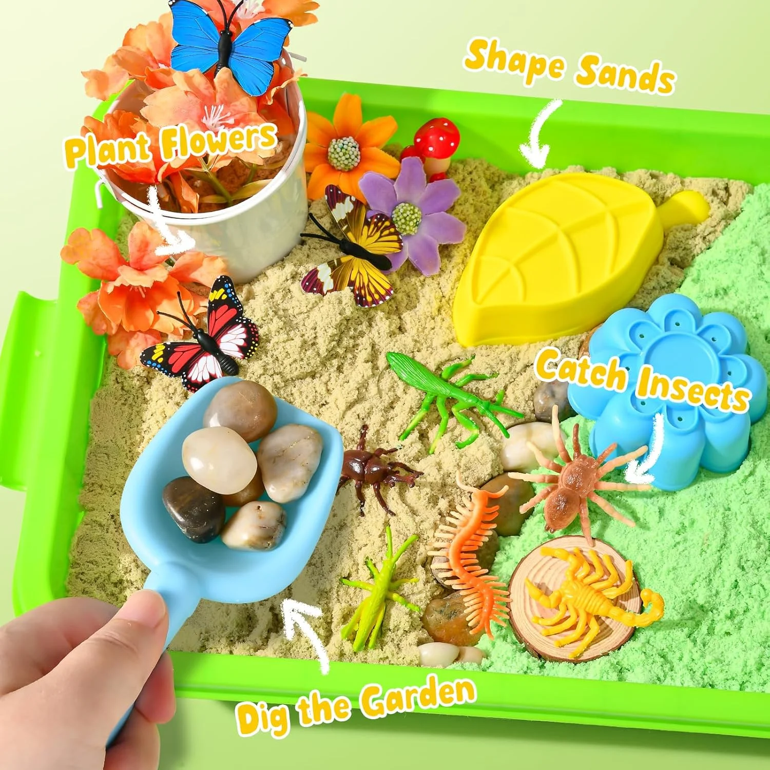 جعبه حسی باغ G.C، جعبه شن و ماسه با شن حسی، قالب ها، بیلچه ها، گل های مصنوعی و فیگورهای حیوانات جعبه حسی باغ G.C، جعبه شن و ماسه با شن حسی، قالب ها، بیلچه ها، گل های مصنوعی و فیگورهای حیوانات