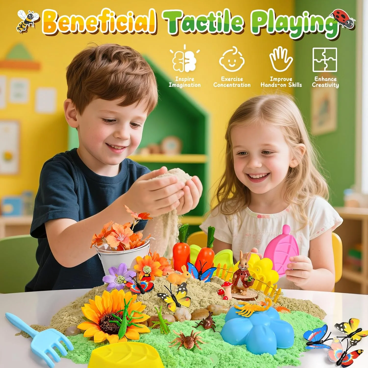 جعبه حسی باغ G.C، جعبه شن و ماسه با شن حسی، قالب ها، بیلچه ها، گل های مصنوعی و فیگورهای حیوانات جعبه حسی باغ G.C، جعبه شن و ماسه با شن حسی، قالب ها، بیلچه ها، گل های مصنوعی و فیگورهای حیوانات