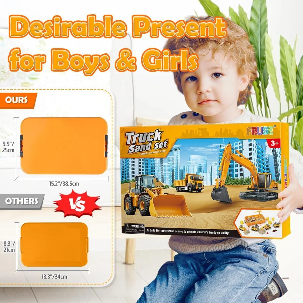 اسباب بازی شن جادویی FRUSE برای کودکان، شن برای گودال شن بازی کودکان با 1 کیلوگرم شن، 4 کامیون ساختمانی، 4 قالب قلعه، جعبه شن با درب، ست شن بازی برای کودکان 3 تا 8 سال