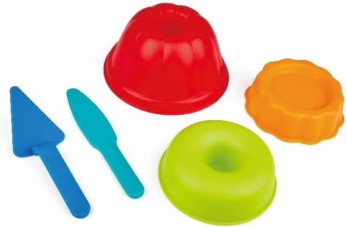 ست اسباب بازی شن و ماسه سه نفره نانوایی Hape برای کودکان نوپا، مجموعه 5 تکه اسباب بازی ساحل و شن برای کودکان، قالب های پخت شن و ماسه اسباب بازی برای کودکان، چند رنگ، مناسب برای 18 ماه به بالا