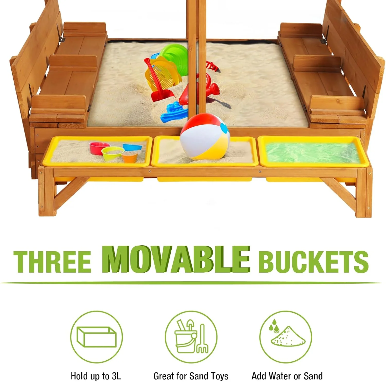 گودال ماسه چوبی GUTINNEEN با پوشش، گودال ماسه بازی فضای باز برای کودکان به همراه 3 سطل اسباب بازی گودال ماسه چوبی GUTINNEEN با پوشش، گودال ماسه بازی فضای باز برای کودکان به همراه 3 سطل اسباب بازی