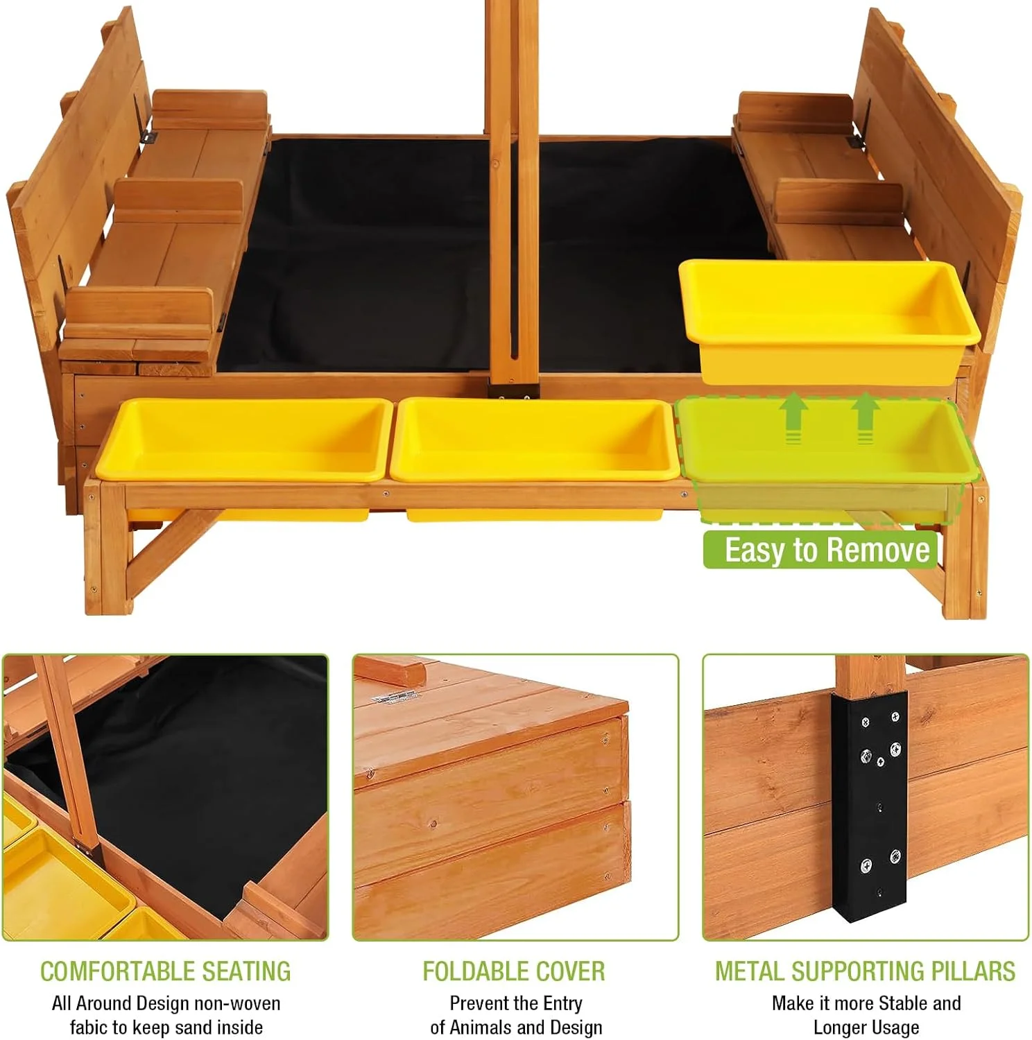 گودال ماسه چوبی GUTINNEEN با پوشش، گودال ماسه بازی فضای باز برای کودکان به همراه 3 سطل اسباب بازی گودال ماسه چوبی GUTINNEEN با پوشش، گودال ماسه بازی فضای باز برای کودکان به همراه 3 سطل اسباب بازی