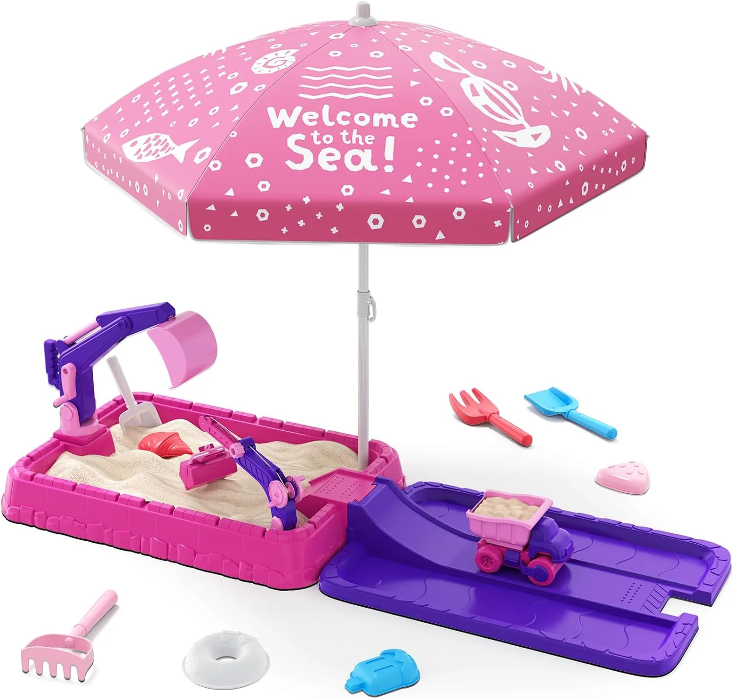 جعبه شن بازی HYES با درب، بیل مکانیکی خاک برداری، گودال شن بازی کودکان به همراه اسباب بازی های ساختمانی/چتر/اسباب بازی های ساحلی برای کودکان 3-5 ساله، کیت حسی هدیه تابستانی برای فضای داخلی، خارجی و حیاط خلوت، بنفش