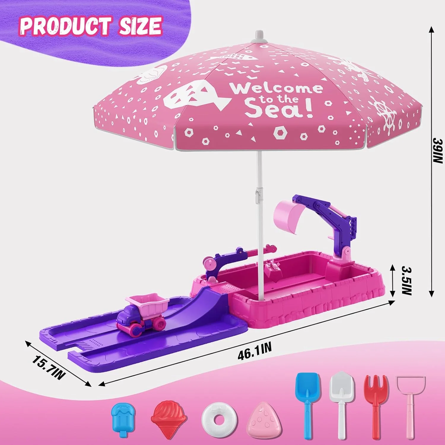 جعبه شن بازی HYES با درب، بیل مکانیکی خاک برداری، گودال شن بازی کودکان به همراه اسباب بازی های ساختمانی/چتر/اسباب بازی های ساحلی برای کودکان 3-5 ساله، کیت حسی هدیه تابستانی برای فضای داخلی، خارجی و حیاط خلوت، بنفش