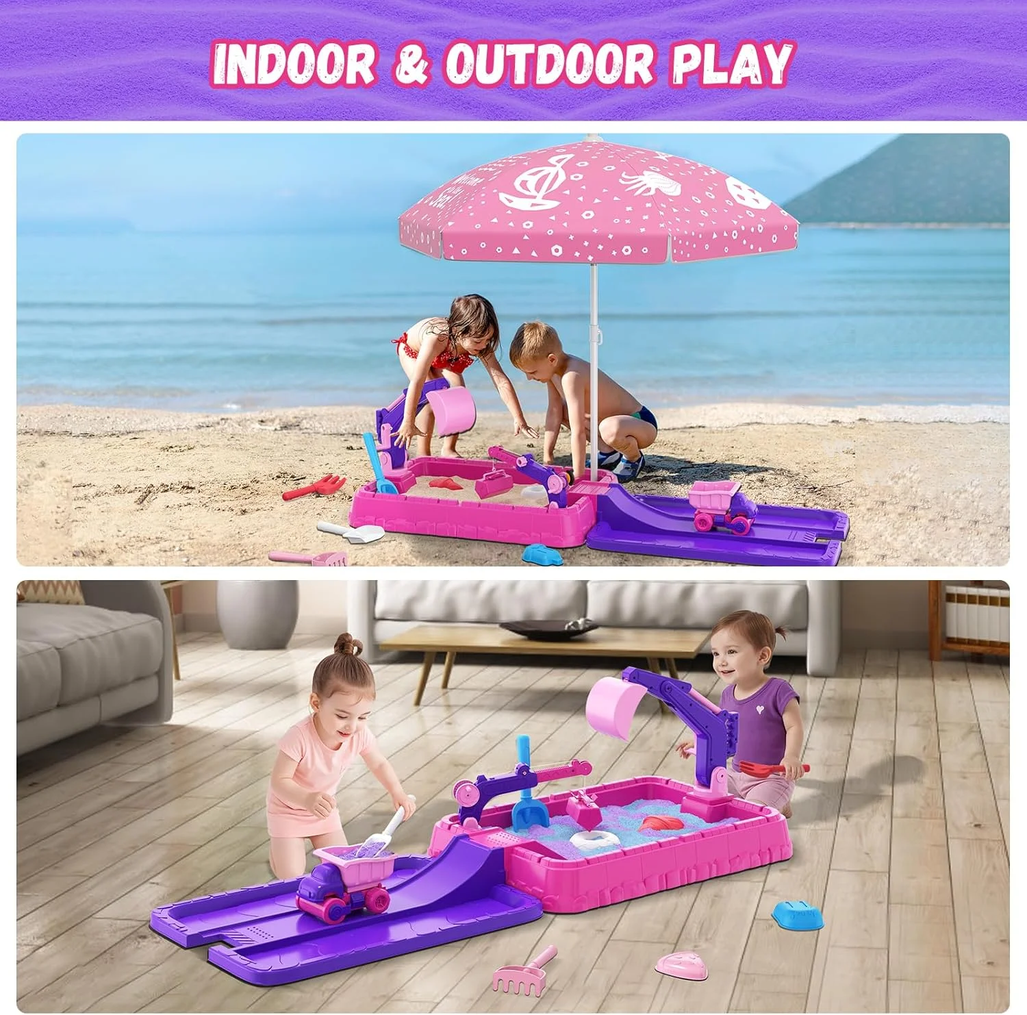 جعبه شن بازی HYES با درب، بیل مکانیکی خاک برداری، گودال شن بازی کودکان به همراه اسباب بازی های ساختمانی/چتر/اسباب بازی های ساحلی برای کودکان 3-5 ساله، کیت حسی هدیه تابستانی برای فضای داخلی، خارجی و حیاط خلوت، بنفش