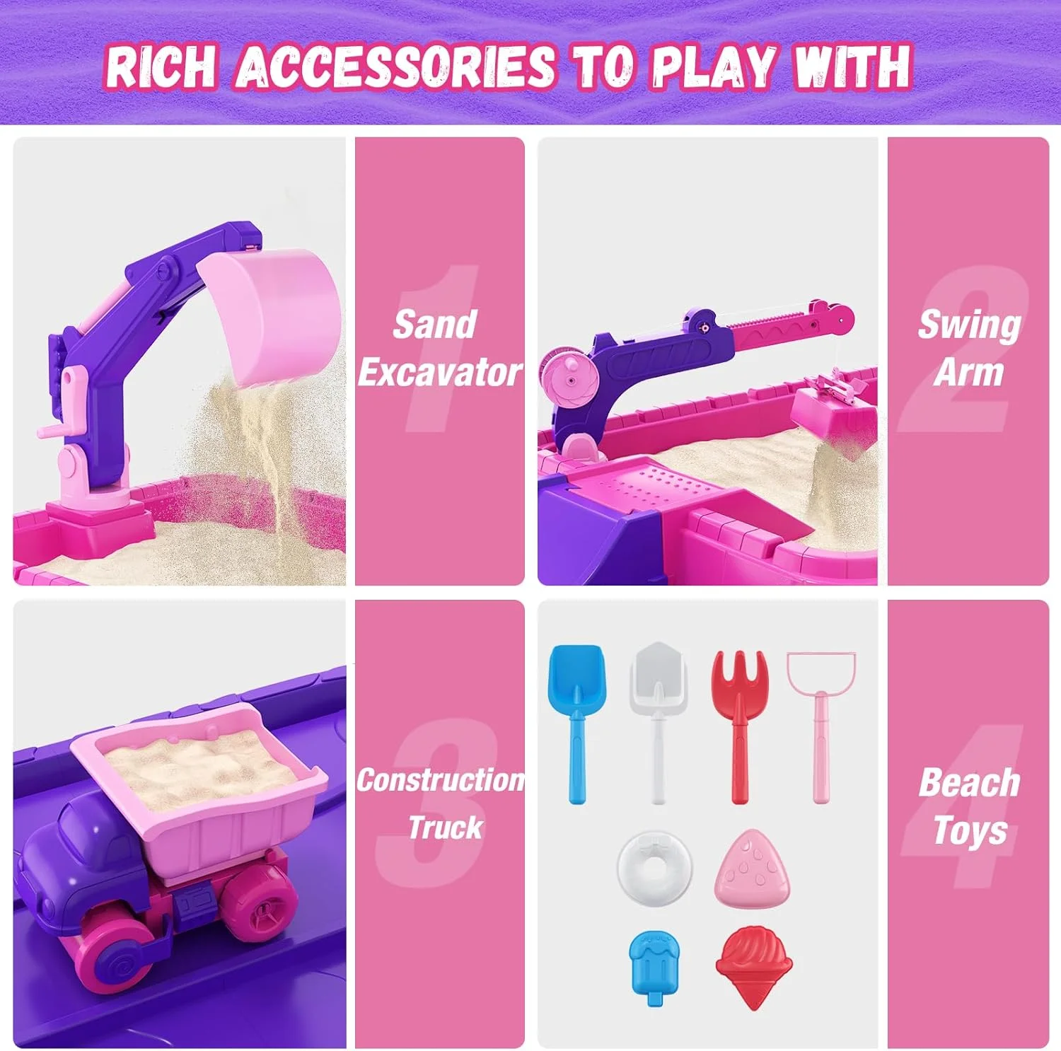 جعبه شن بازی HYES با درب، بیل مکانیکی خاک برداری، گودال شن بازی کودکان به همراه اسباب بازی های ساختمانی/چتر/اسباب بازی های ساحلی برای کودکان 3-5 ساله، کیت حسی هدیه تابستانی برای فضای داخلی، خارجی و حیاط خلوت، بنفش
