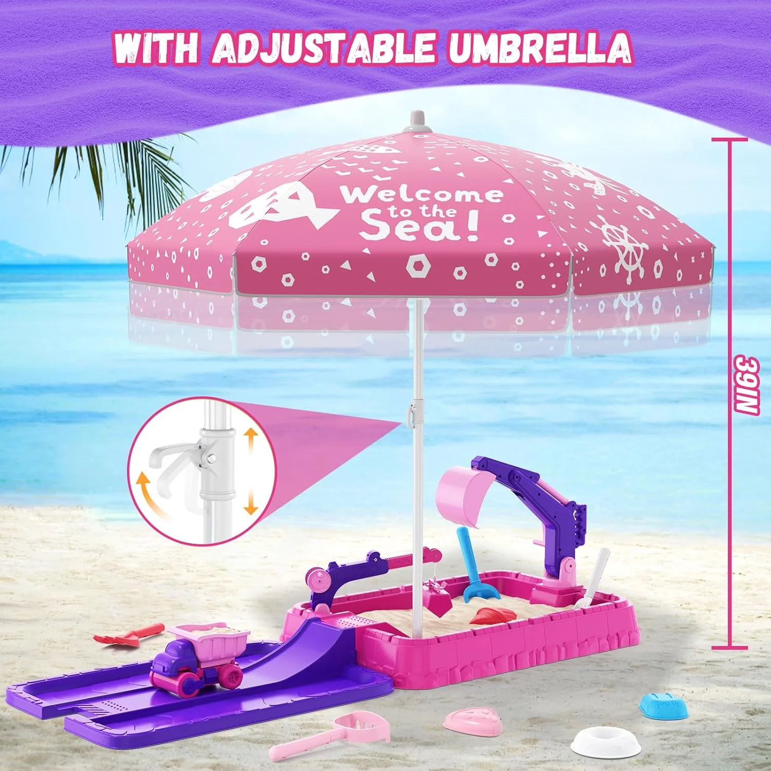 جعبه شن بازی HYES با درب، بیل مکانیکی خاک برداری، گودال شن بازی کودکان به همراه اسباب بازی های ساختمانی/چتر/اسباب بازی های ساحلی برای کودکان 3-5 ساله، کیت حسی هدیه تابستانی برای فضای داخلی، خارجی و حیاط خلوت، بنفش