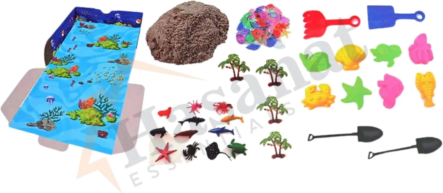 مجموعه شن بازی دنیای اقیانوس حسنات Essentials – شن بازی رنگارنگ 750 گرمی با قالب ها و ابزارهای با تم اقیانوس برای سرگرمی در داخل و خارج از خانه