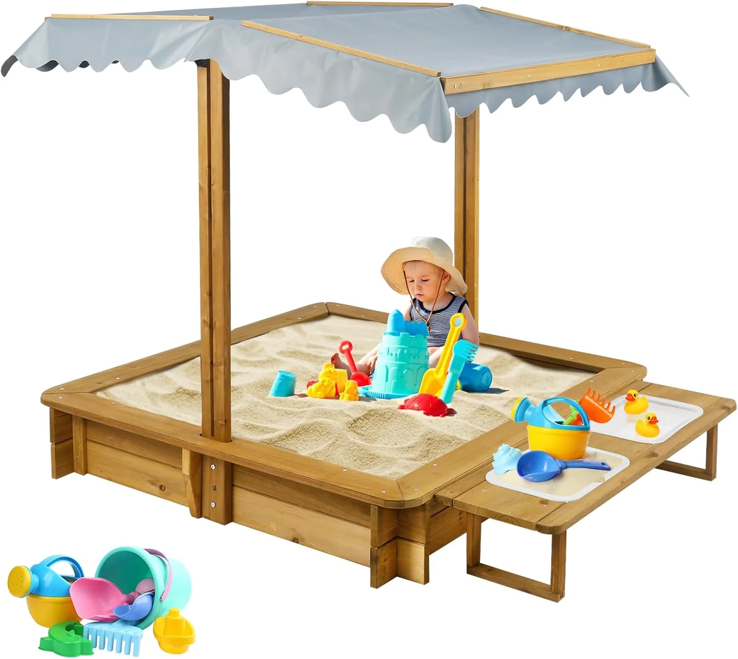 محفظه بازی شن PetsCosset با روکش، محفظه شن با 2 جعبه اسباب بازی، 4 نیمکت تقویت شده، سقف مقاوم در برابر اشعه ماوراء بنفش و قابل تنظیم، آستر زیرین، محفظه شن چوبی با درب برای کودکان در فضای باز، هدیه برای سنین 2-8 سال، 45x45 اینچ
