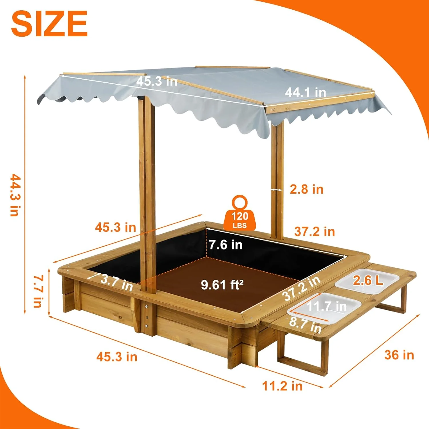 محفظه بازی شن PetsCosset با روکش، محفظه شن با 2 جعبه اسباب بازی، 4 نیمکت تقویت شده، سقف مقاوم در برابر اشعه ماوراء بنفش و قابل تنظیم، آستر زیرین، محفظه شن چوبی با درب برای کودکان در فضای باز، هدیه برای سنین 2-8 سال، 45x45 اینچ