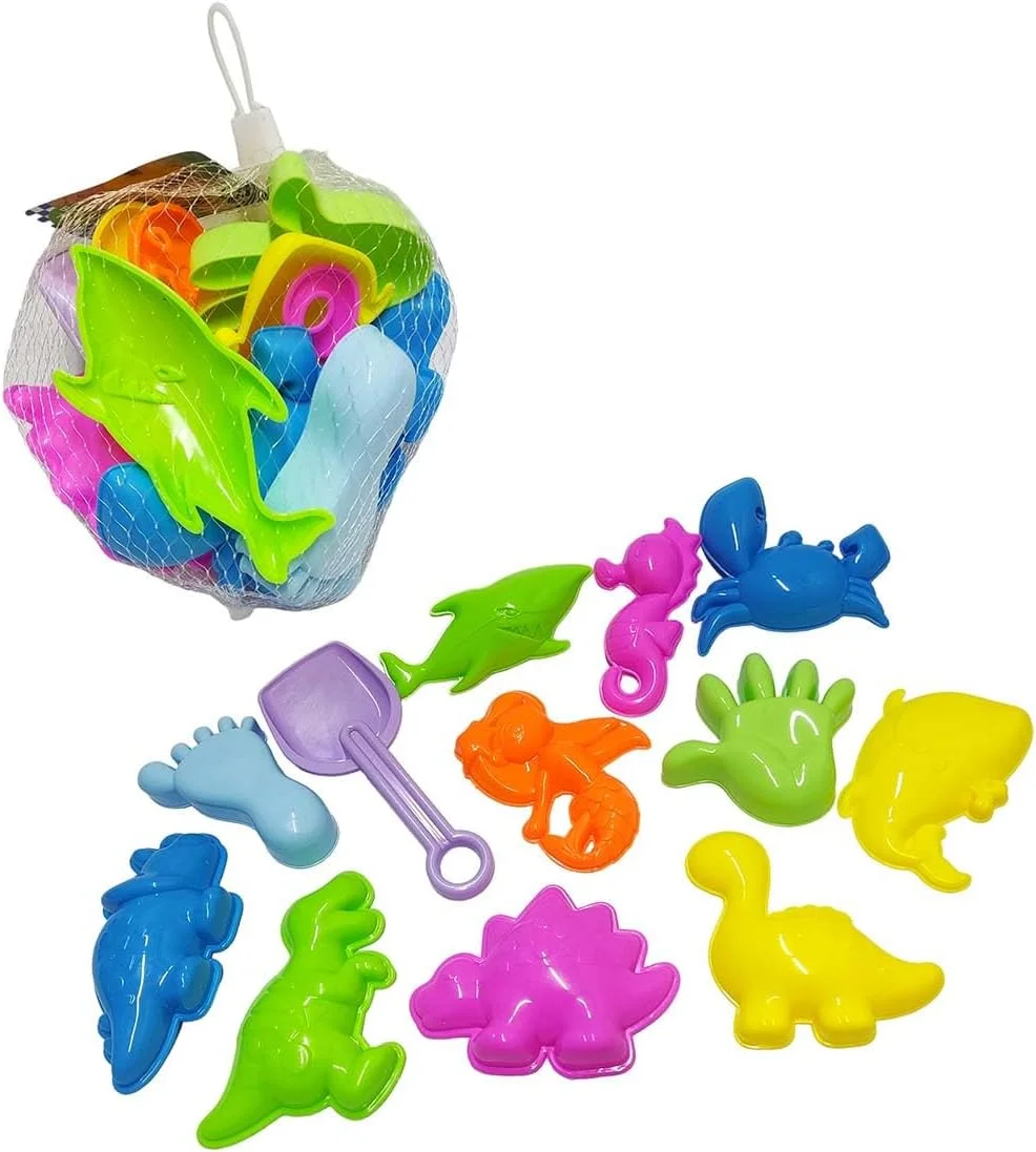 مجموعه 12 تکه اسباب بازی ساحلی شن و ماسه مناسب فضای باز شامل بیلچه، قالب دست، قالب پا و قالب حیوانات برای کودکان نوپا و بچه ها