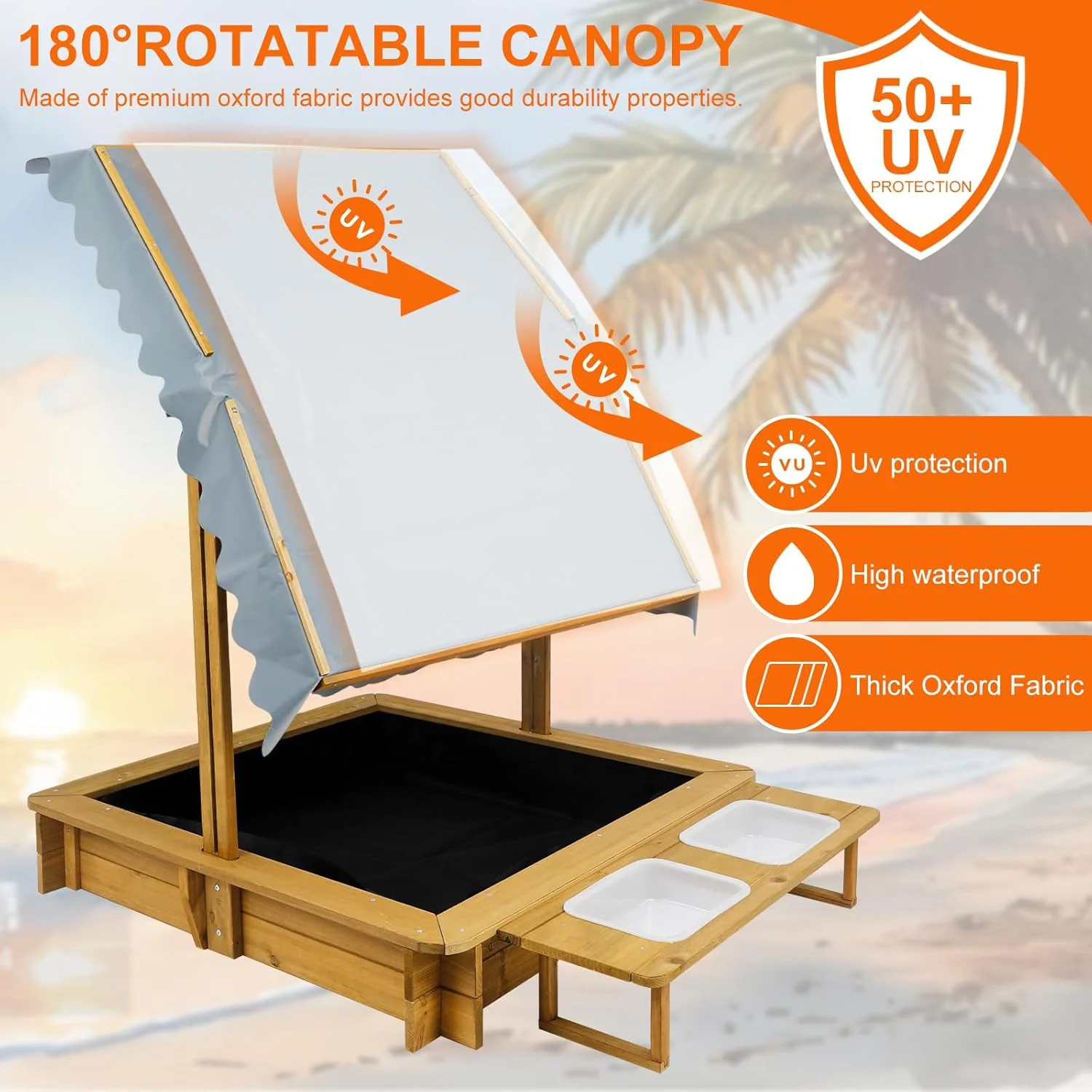 محفظه بازی شن PetsCosset با روکش، محفظه شن با 2 جعبه اسباب بازی، 4 نیمکت تقویت شده، سقف مقاوم در برابر اشعه ماوراء بنفش و قابل تنظیم، آستر زیرین، محفظه شن چوبی با درب برای کودکان در فضای باز، هدیه برای سنین 2-8 سال، 45x45 اینچ